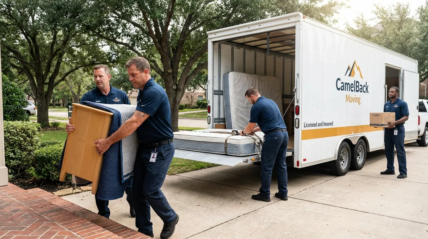 Crew loading residential truck for cross-state move from Manteo, NC