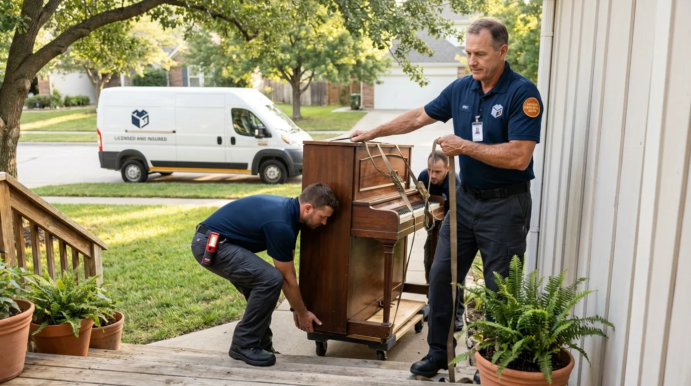 Licensed piano movers securing grand piano in Manteo, NC