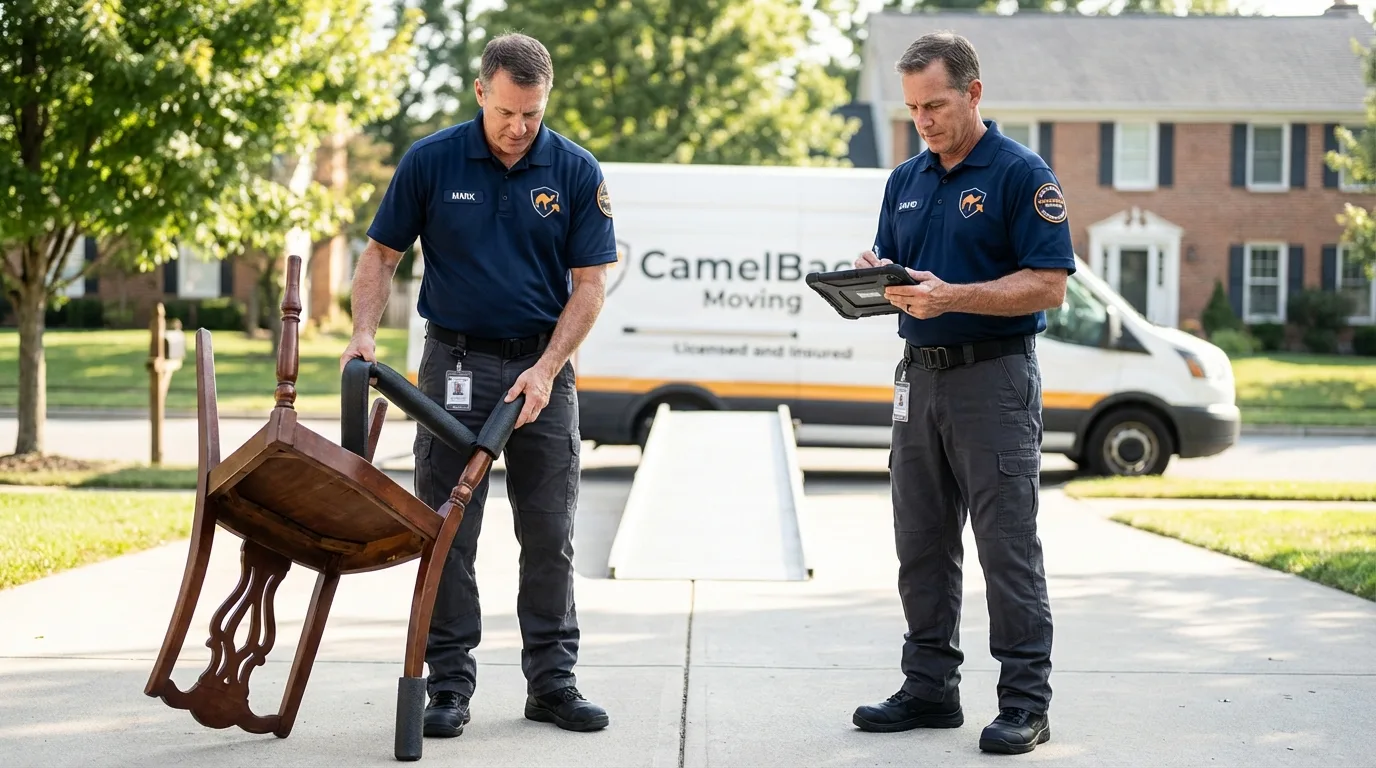 Movers inspecting furniture for damage prevention before loading in Manteo, NC