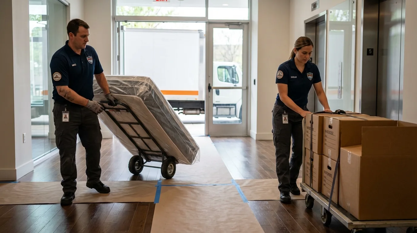 Professional apartment movers loading elevator in Manteo, NC