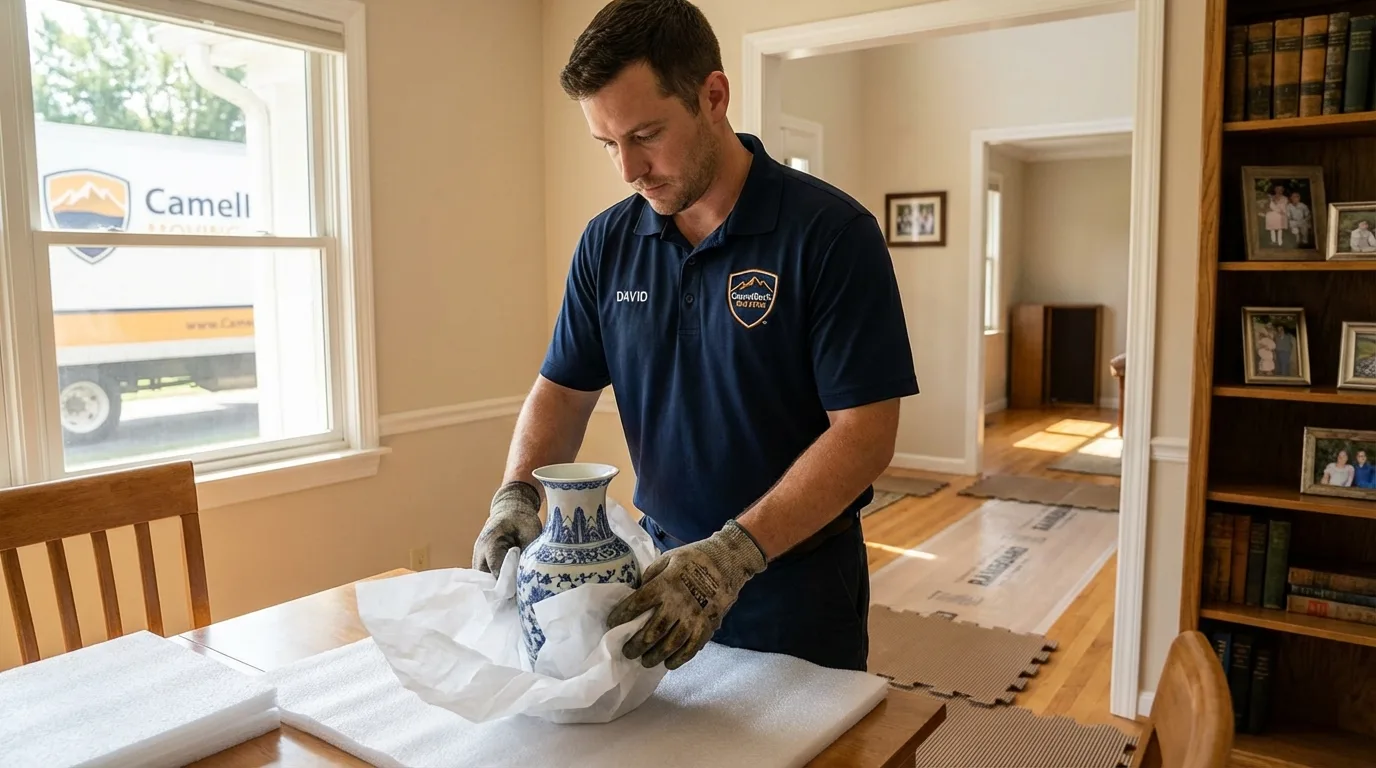 Professional crew carefully wrapping antique vase for senior downsizing move in Manteo, NC