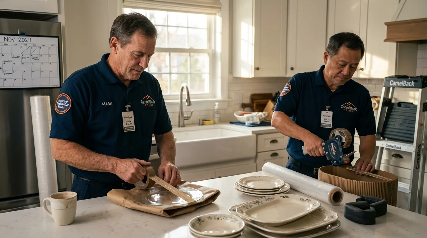 Professional crew packing kitchen dishware in Manteo, NC